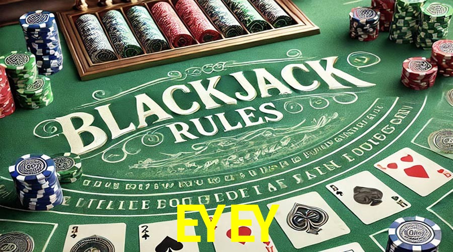 Escena dinámica inspirada en casino con iluminación EYEY, cartas, fichas e íconos de juegos digitales en un espacio moderno de juegos.