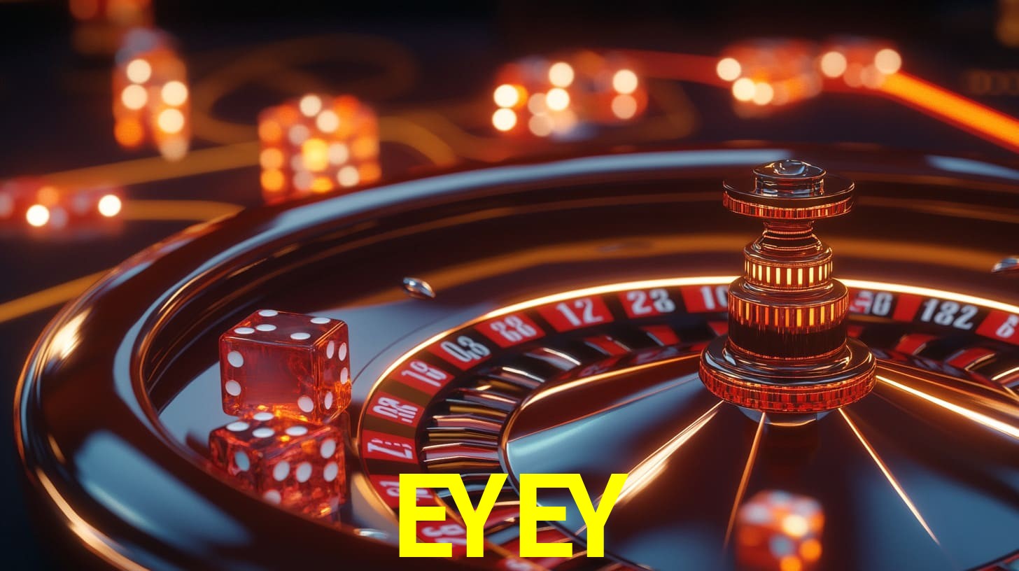 Una escena digital vívida inspirada en casino con EYEY mostrado prominentemente, luces brillantes, fichas, cartas y acentos dorados.